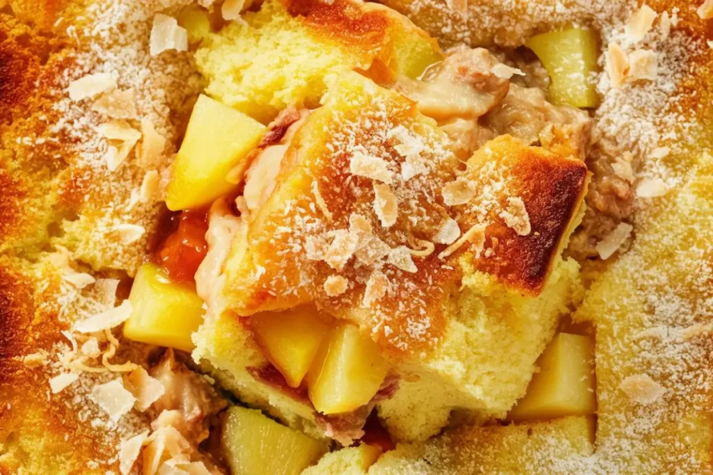 Pineapple casserole slice showing layers of pineapple, and a crispy topping