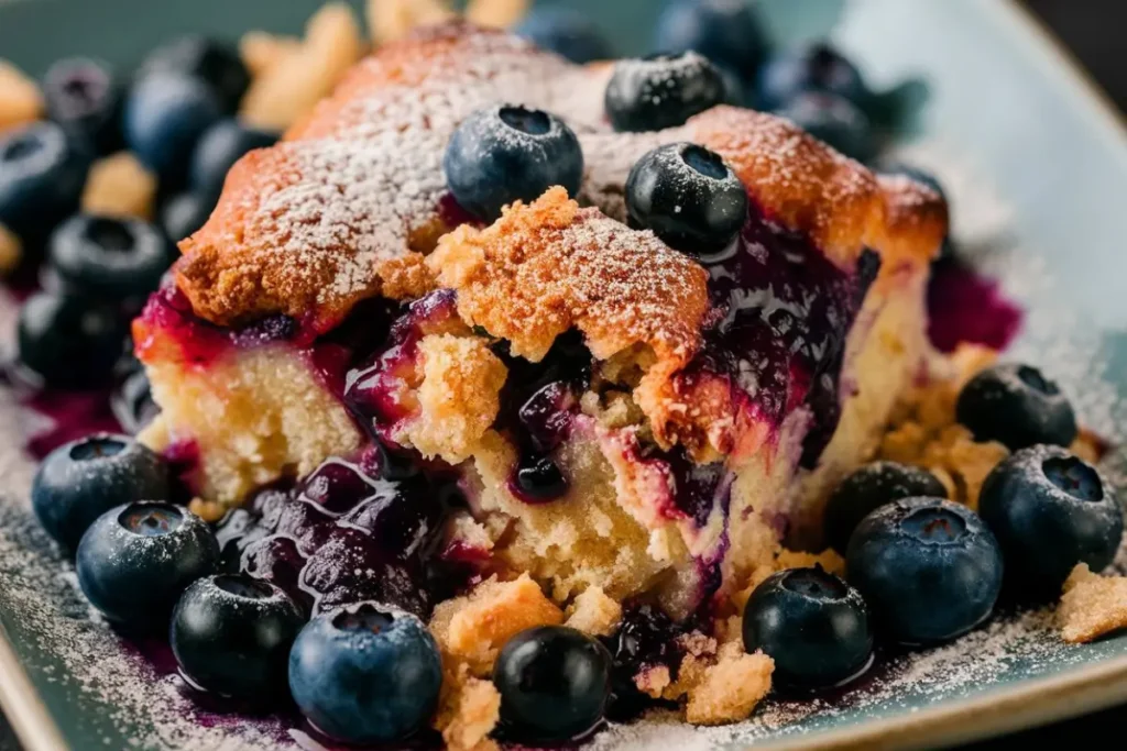 Close-up of a slice of Blueberry Dump Cake dusted with powdered sugar and surrounded by fresh blueberries