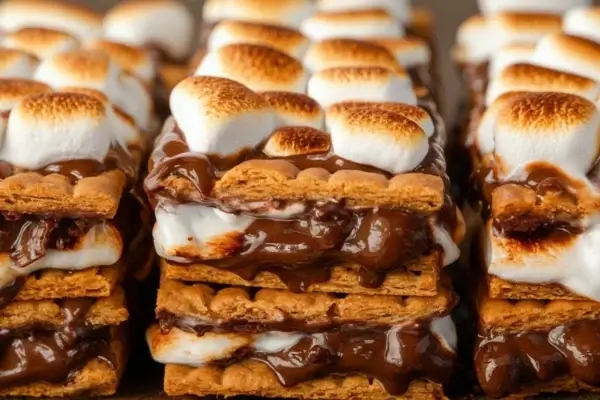 Close-up of s'mores bars with toasted marshmallows, melted chocolate, and graham crackers